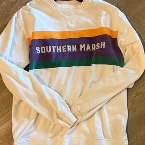 Southern Marsh White Crewneck with Gold, Purple & Green Stripes
